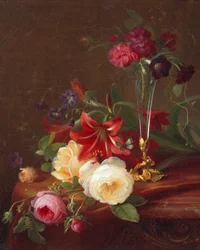Schikking met bloemen en een vaas