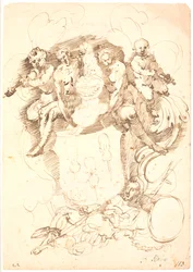 Heraldische compositie: wapenschild met drie omgekeerde violen, helm met hondenkroon, omgeven door twee figuren en twee vioolspelende putti, alles rustend op liggende manfiguur (Neptunus?)