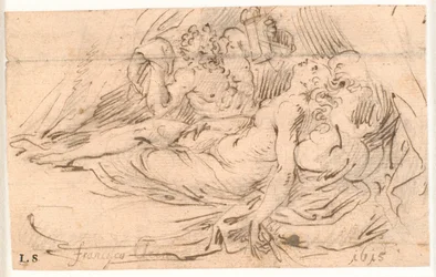 Slapende vrouw bespied door satyr met lantaarn in de hand