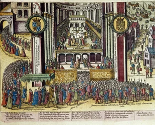 Kroning van koning James I van Engeland in Westminster Cathedral op 25/07/1603. 1653 Print door Franz Hogenberg