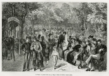 De Prater: de grote wandelweg. Gravure door Kollarz, ter illustratie van het verhaal Wenen en zijn voorsteden, door M. Newlinski, in 1881, gepubliceerd in Le tour du monde, onder leiding van Edouard Charton (1807-1890).