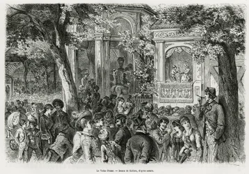 De Volks Prater: populair deel van de hoofdprater, met tal van attracties, circus, orkest en poppenshow. Gravure door Kollarz, ter illustratie van het verhaal Wenen en zijn buitenwijken, door M. Newlinski, in 1881, gepubliceerd in de Tour du monde, onder l