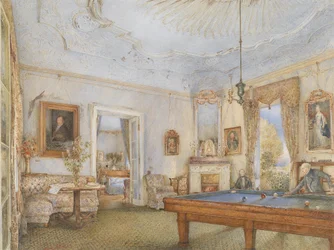 Biedermeier interieur met een biljartspelende heer