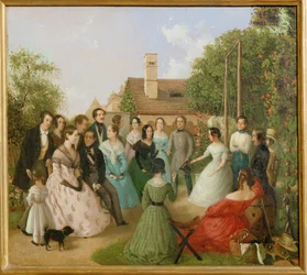 Pfaenderspiele der Familienmitglieder Alt im Garten - Een spel van verbeurdverklaringen in de tuin van de familie Alt ... (schilderij op doek)