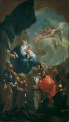 Troonende Madonna met Kind, vereerd door Heiligen