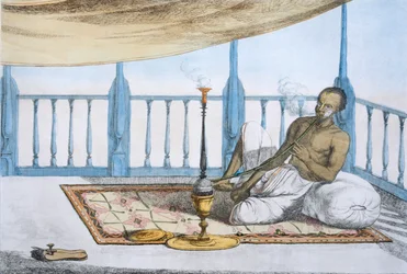 Man die een waterpijp rookt van hasj of opium, pub. 1808-12