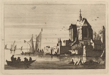 Kerk in een Inham met Roeiboot op de Voorgrond