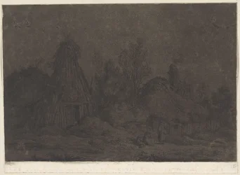 Maanlichtscène met figuren voor een hut