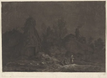Maanlichtscène met figuren voor een hut