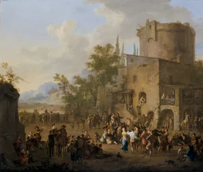 Een Italiaans stadsgezicht met figuren die de Saltarello dansen