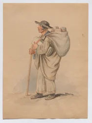Uit een reeks reclame-uitroepen: stereotiepe afbeelding van een „Leinwandkroat“ [Kroatische doekverkoper]