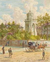 De Währinger Straße in Wenen (met de toren van de Ferdinands-Wasserleitung)