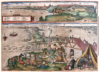 Cadiz, Spanje. (Boven: de kapel van St. Sebastian, onder: de tonijnvisserij van Cadiz. In het midden, de wachttorens (gravure)
