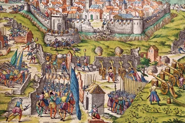 Het leger van Condé belegert Chartres, maart 1568, gravure door Franz Hogenberg, Frankrijk