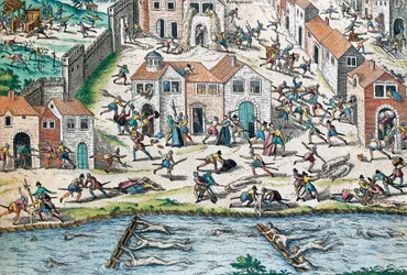 Scène uit de Franse godsdienstoorlogen, gravure door Franz Hogenberg