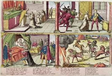 De moord op Henri III (1551-89) en de executie van zijn moordenaar, Jacques Clement (1564-89) 1589-92 (ingekleurde gravure) (zie ook 88464)