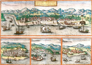 Gezichten van Kozhikode of Calicut (India), Ormuz (Iran), Cannanore of Kannur (India) en St. George van de mijn (Ghana)