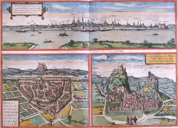 Gezichten van Mainz (Moguntia), Würzburg, Duitsland en Sion (Sedunum) in Zwitserland