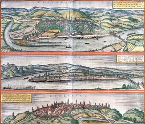 Zichten op Treves (Treveris), Koblenz (Coboletz) en Rothenburg (Rotenburgum), Duitsland