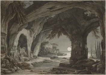Ideaal landschap met rotsgrot, graven en ruïnes in het maanlicht, ca. 1790