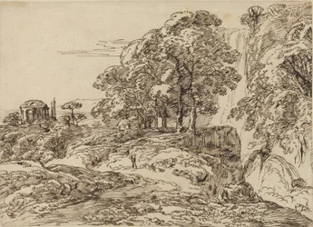 Pastoraal Landschap met een Waterval en een Tempel