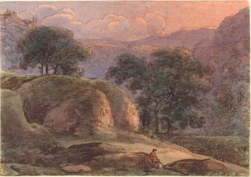 Reiziger in een Bergachtig Landschap bij Zonsondergang