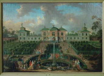 Het hofleven in het park van paleis Augustusburg rond het Indianenhuis, gezien vanuit het westen ...