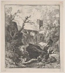 Plaat 2: twee figuren zittend op een boomstam aan de oever van een stroom, ca. 1700-25