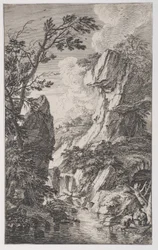 Plaat 4: twee vissers aan de oever van een stroom rechts, een waterval in het midden, ca. 1700-25
