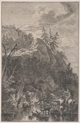 Plaat 5: vrouwelijke figuur te paard en een mannelijke figuur met een hond die in een straat staat, ca. 1700-1725