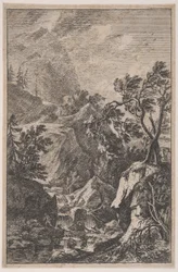 Plaat 6: twee mannelijke figuren staand op een rots rechts, een waterval in het midden, ca. 1700-25