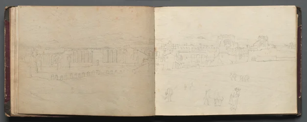 Album met Zichten van Rome en Omgeving, Landschapsstudies, pagina 08b en 09a: Panoramisch uitzicht