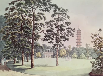 Een Uitzicht in Kew Gardens van het Alhambra en de Pagode, gegraveerd door Heinrich Joseph Schutz, c.1798