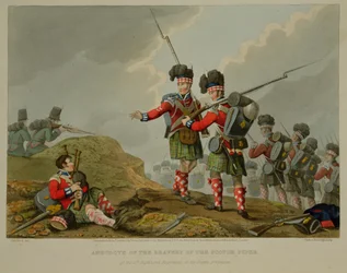 Anekdote over de Moed van de Schotse Doedelzakspeler van het 11e Hoogland Regiment bij de Slag om Vimiero, gegraveerd door John Heaviside Clark en Matthew Dubourg