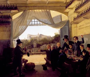 Louis II de Baviere drinkt met vrienden in de Spaanse wijnbar in Rome. 1824 (olieverf op hout)