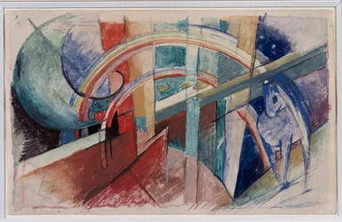 Blauw paard en regenboog tekening in potlood en aquarel door Franz Marc