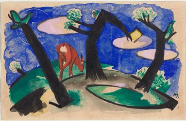 Landschap met rood dier, ansichtkaart uit Sindelsdorf aan Alfred Kubin in Wernstein/Zwickledt