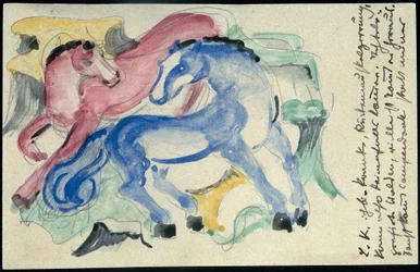 "Rood en blauw paard", Franz Marc uit Sindelsdorf aan Wassily Kandinsky in München: Ansichtkaart, poststempel 05.04.1913