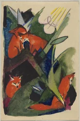 "Vier vossen", Franz Marc uit Sindelsdorf aan Wassily Kandinsky in München: Ansichtkaart, poststempel 04.02.1913