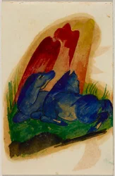 Twee blauwe paarden voor een rode rots, ansichtkaart uit Sindelsdorf aan Wassily Kandinsky in München