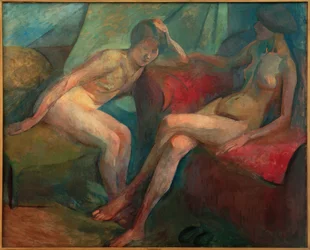 Twee naakten op rode sofa