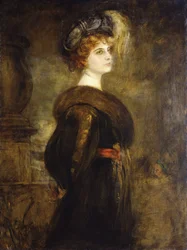 Portret van een dame, staand driekwart lengte