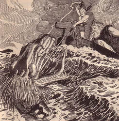 Thor en Hymir vissen. Illustratie voor De Edda: Germaanse goden en helden door Hans von Wolzogen