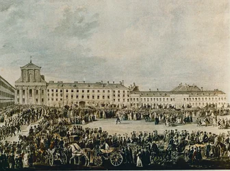Ludwig van Beethovens begrafenisstoet in 1827 van het Schwarzspanierhaus naar de Heilige Drievuldigheidskerk in de Alsergasse, Wenen (aquarel)