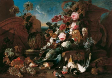 Stilleven met bloemen, dode vogels en ruïnes