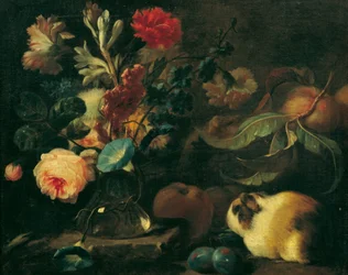 Stilleven met cavia, bloemen en fruit