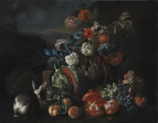 Stenen basis met bloemen en fruit