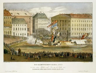 Het stoomschip Maria Anna, vertrek naar Linz 12 ... (litho)