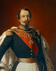 Portret van Napoleon III (1808-1873), keizer van de Fransen voor een uitzicht op het kasteel van Saint Cloud. Detail van schilderij door Franz Xaver Winterhalter (1806-1873) 1855
