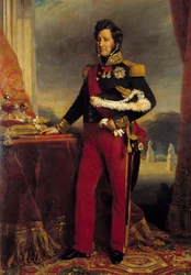 Portret van Louis Philippe I (1773-1850), koning van de Fransen met de hand op het handvest van 1830